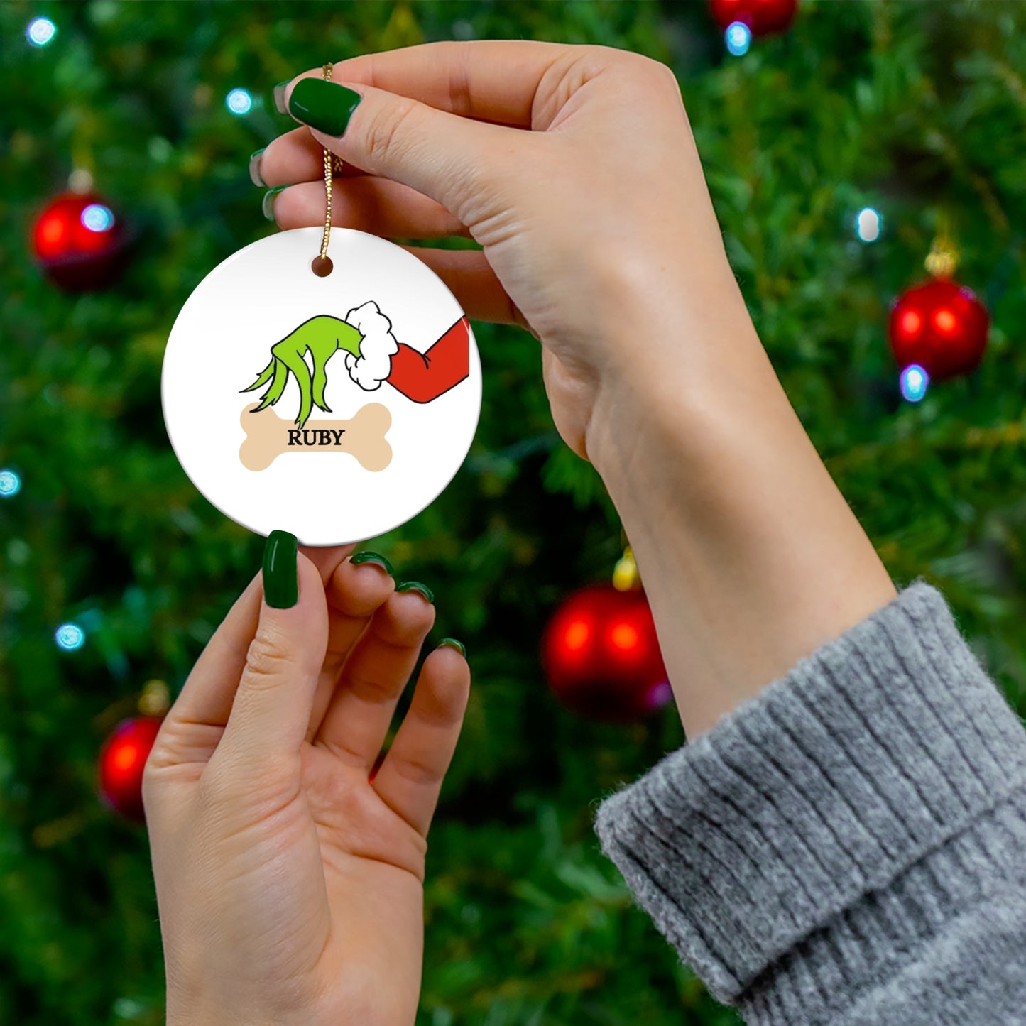 Custom Grinch and dog bone Ornament, Ceramic Ornament