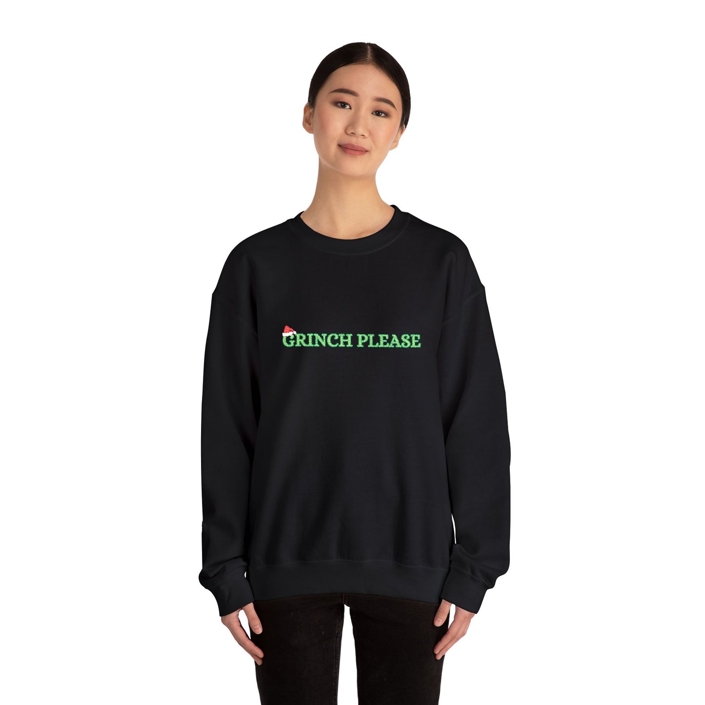 Grinch Please Embroidery Gildan Crewneck Sweatshirt, Funny Holiday Gift, Christmas Apparel, Cozy Pullover, Unisex Sweatshirt