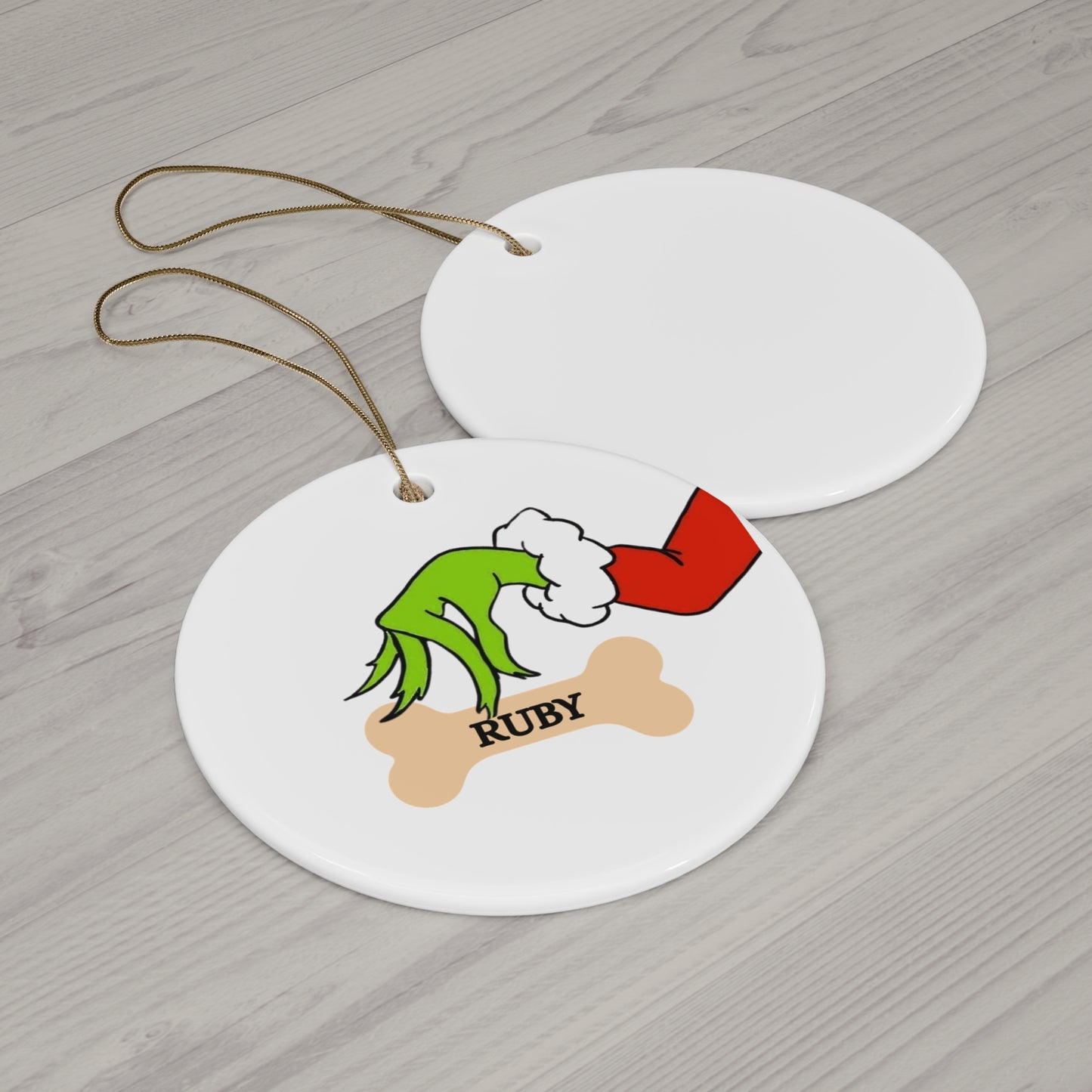 Custom Grinch and dog bone Ornament, Ceramic Ornament