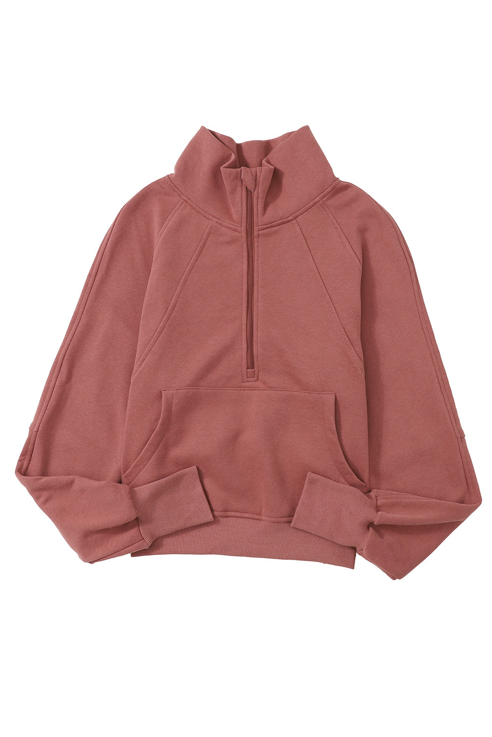 Brown Zip Up Stand Collar Ribbed Thumbhole Sleeve Sweatshirt
