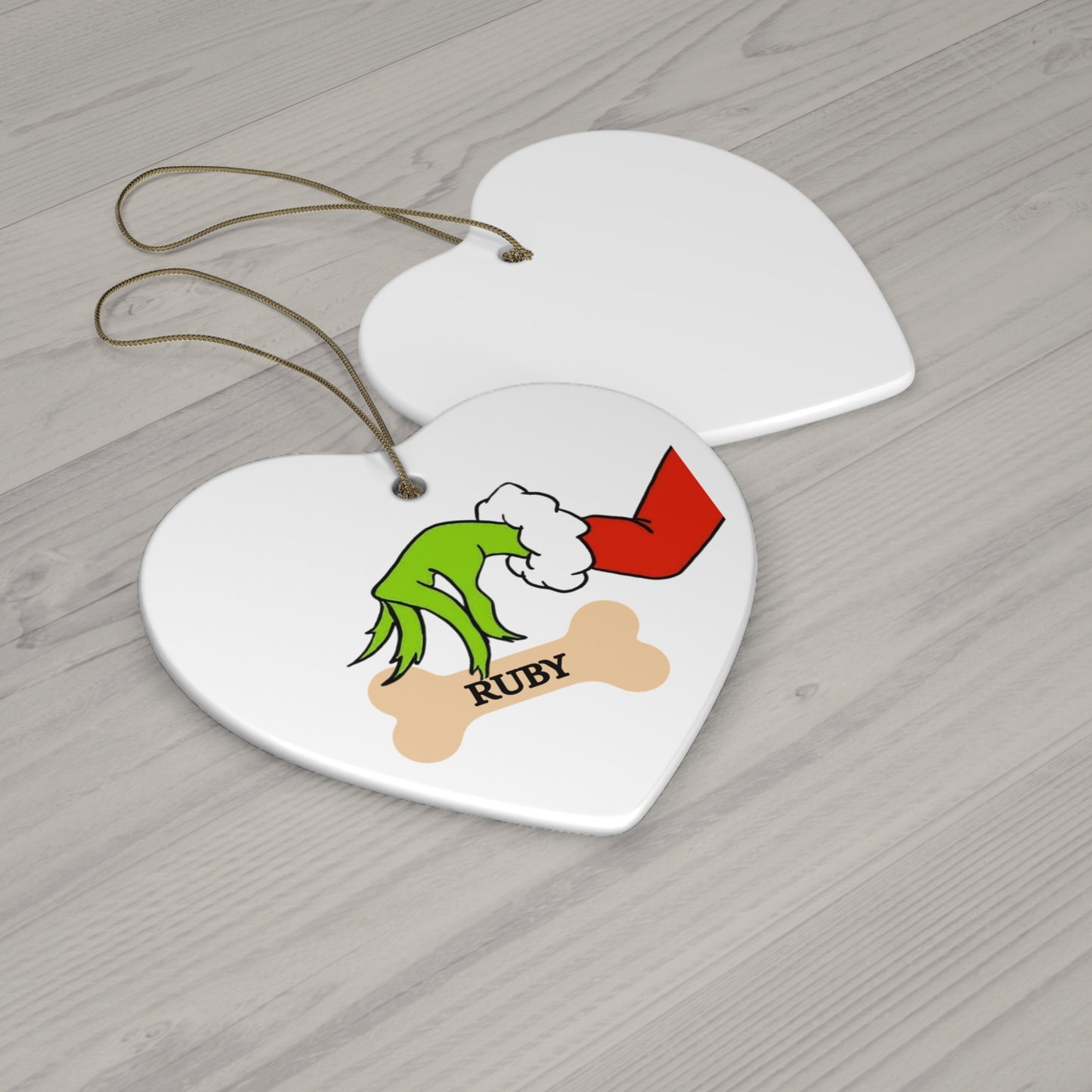Custom Grinch and dog bone Ornament, Ceramic Ornament