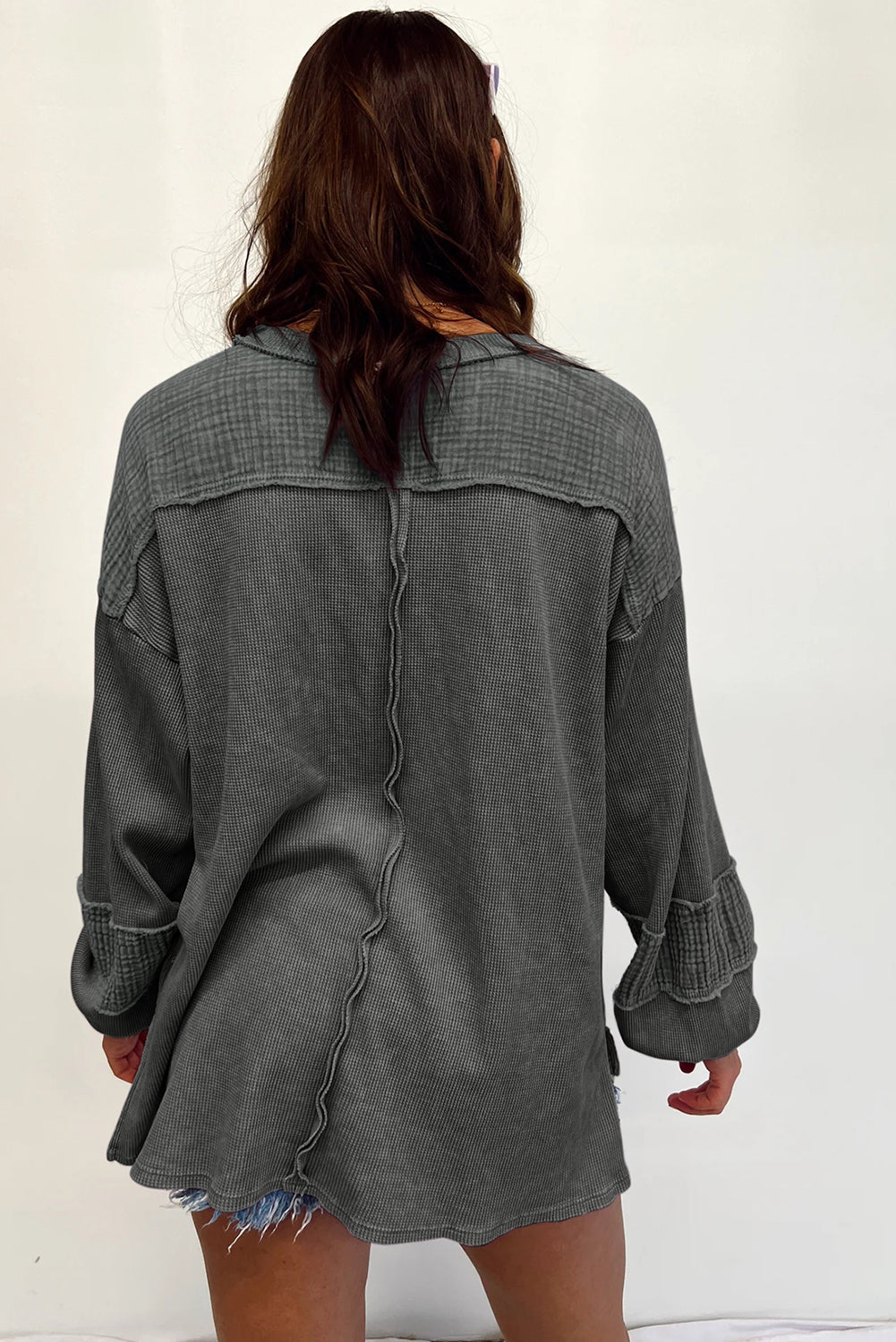 Gray Exposed Seam Patchwork Bubble Sleeve Waffle Knit Top