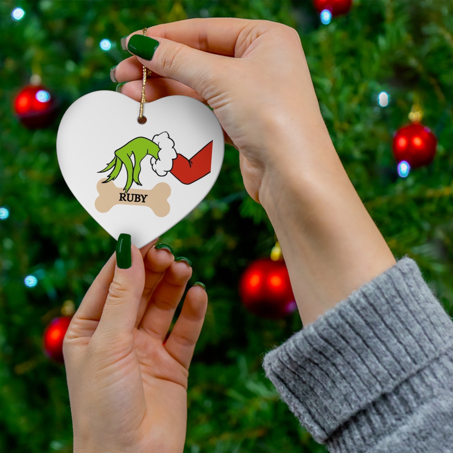 Custom Grinch and dog bone Ornament, Ceramic Ornament