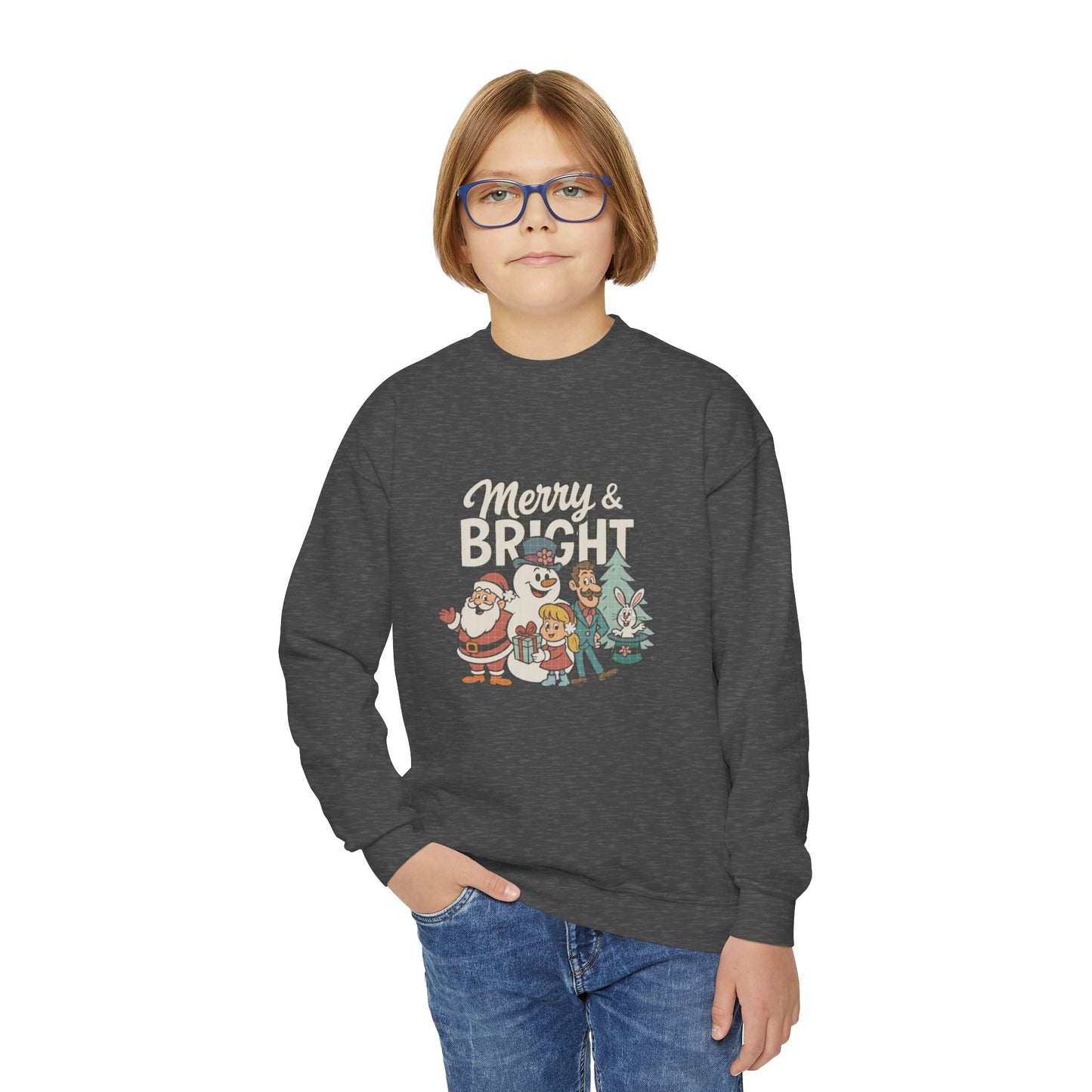 Youth Merry & Bright Sweatshirt, Kids Christmas Sweatshirt, Festive Crewneck, Holiday Gift for Children, Winter Apparel