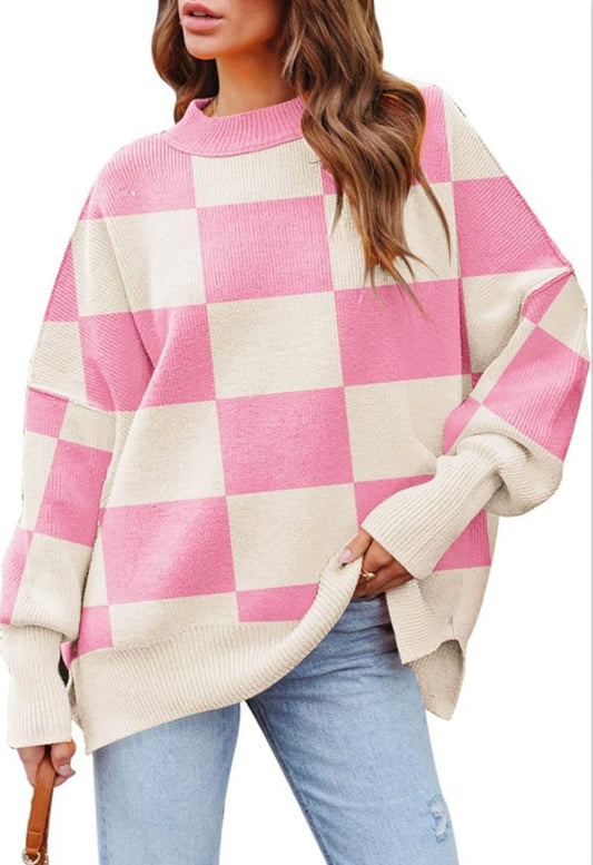 Pink checkered bishop sweater