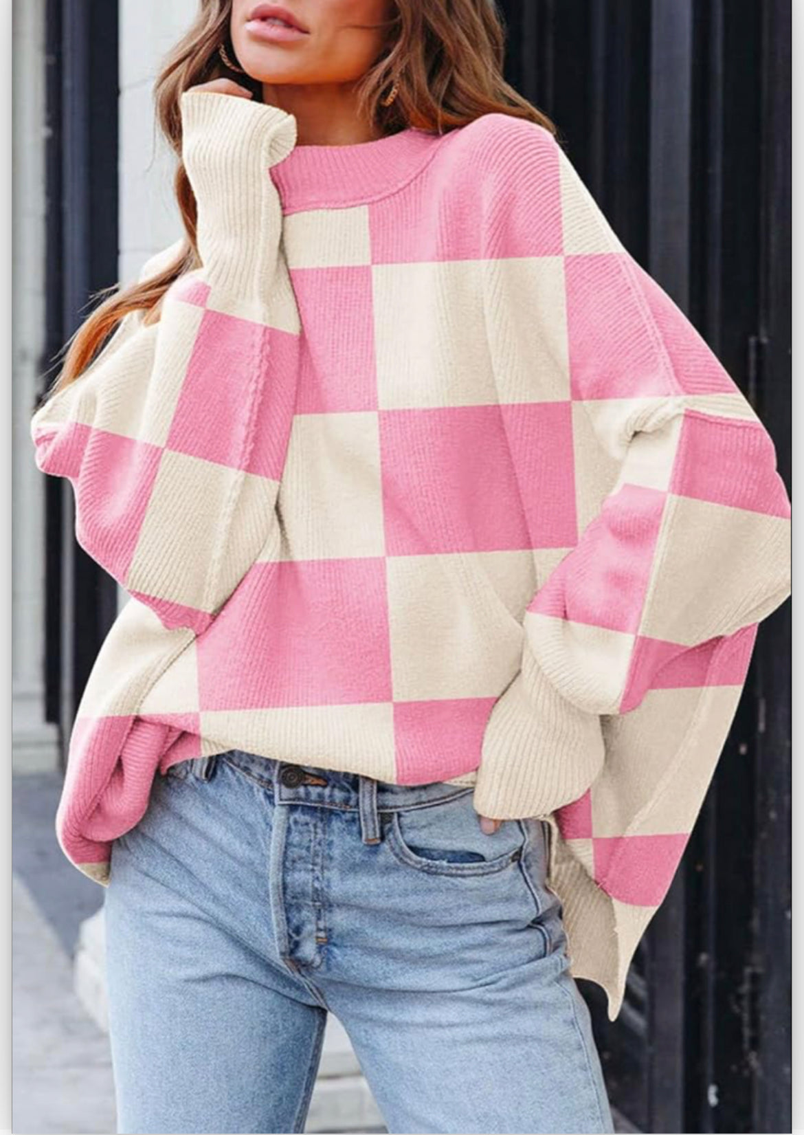 Pink checkered bishop sweater