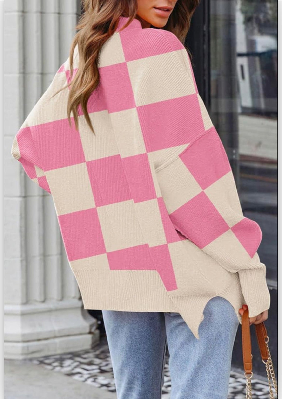Pink checkered bishop sweater